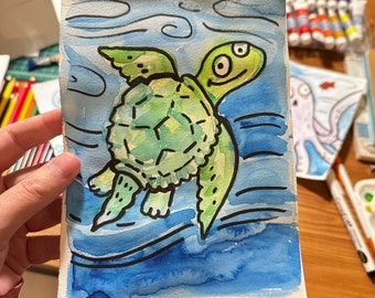 Sea turtle watercolor illustration (original 5.5" x 8" watercolor and pen and ink on paper)