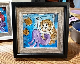 Girl in the Sea tiny framed watercolor