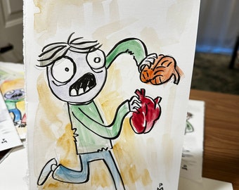 Zombie Valentine Takes a Little Bit of Brains and a Lot of Heart (original watercolor)