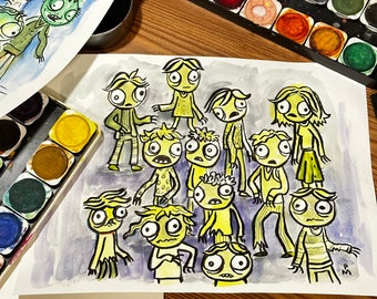 Zombie Horde in yellow (original watercolor)