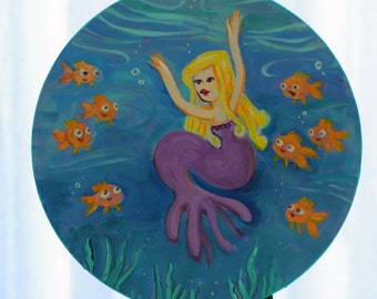 Girl in the Sea original acrylic round painting
