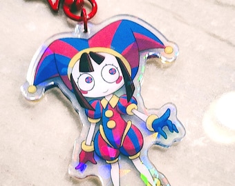 LARGE Size Pomni Double Sided Keychain - 3" Amazing Digital Circus - Rainbow Holographic Broken Glass Finish with Red Star Clasp Hook