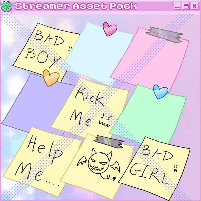 Puede incluir: Un conjunto de seis notas adhesivas de colores con diferentes mensajes escritos en ellas. Las notas est&aacute;n decoradas con corazones y un dibujo de un diablo. Las notas dicen "Bad Boy", "Kick Me", "Help Me", "Bad Girl", y dos notas en blanco.