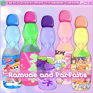 May include: Five colorful Japanese ramune soda bottles with different character designs. The bottles are labeled "Ramune and Parfaits".