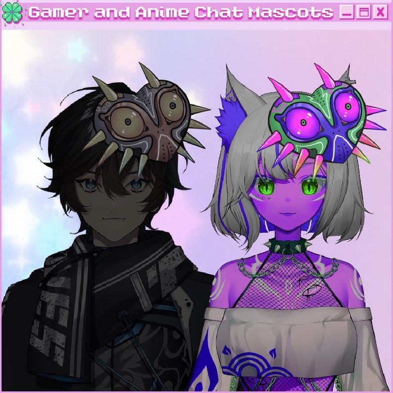 K&ouml;nnte beinhalten: Zwei Charaktere im Anime-Stil, einer m&auml;nnlich und einer weiblich, mit Masken. Der m&auml;nnliche Charakter hat schwarzes Haar und tr&auml;gt ein schwarzes Outfit. Der weibliche Charakter hat lila Haut, graues Haar und ein wei&szlig;es und blaues Outfit. Das Bild hat den Text "Gamer and Anime Chat Mascots".