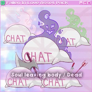 May include: Five white cartoon chat bubbles with the word "CHAT" written on them. The bubbles are floating in a pink and purple background with a green, purple, and pink cloud-like shape behind each bubble. The text "Soul leaving body / Dead" is written below the bubbles.