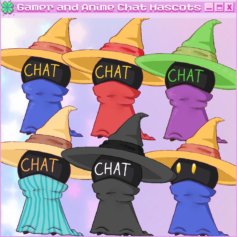 K&ouml;nnte beinhalten: Eine Sammlung von Cartoon-Maskottchen mit Hexenh&uuml;ten und Schals in verschiedenen Farben. Jedes Maskottchen hat ein schwarzes Gesicht mit dem Wort "CHAT". Die H&uuml;te sind gelb, gr&uuml;n und schwarz. Die Schals sind blau, rot, lila und t&uuml;rkis.