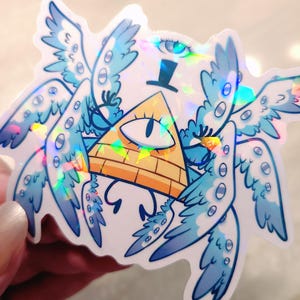 Bill Cipher sticker regenboog verbrijzeld glas holografische sticker alziend oog piramide serafijnen engel