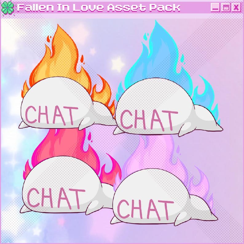 May include: Four cartoon chat bubbles with flames in different colors: orange, blue, pink, and purple. Each bubble says "CHAT" in white text.