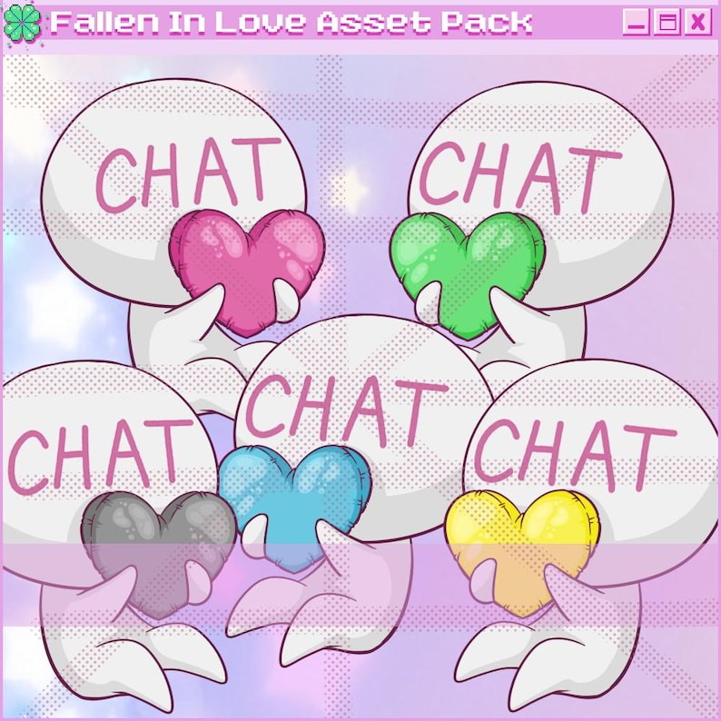 May include: Five white cartoon characters with the word "CHAT" written on them. Each character is holding a heart-shaped balloon in different colors: pink, green, blue, gray, and yellow.