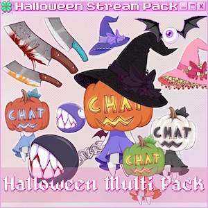 May include: A collection of Halloween-themed digital graphics. Includes cartoon pumpkins with "CHAT" text, witch hats, knives with blood, and a chain chomp character. The text "Halloween Stream Pack" and "Halloween Multi Pack" are also visible.
