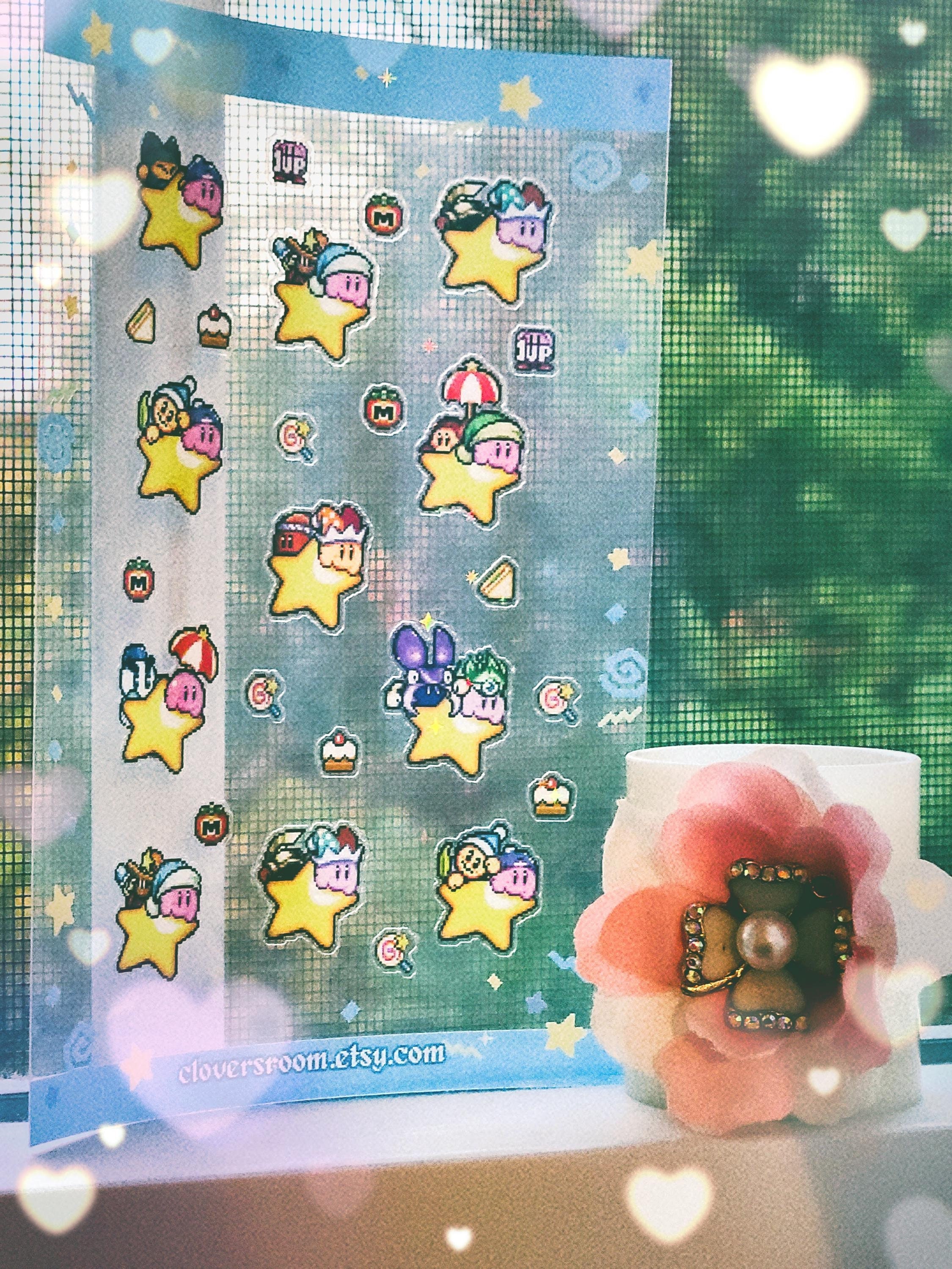 Kirby Pixel Sticker Sheet - Transparent Sticker Sheet - Kawaii Gamer Craft Phone Deco Scrapbooking Supplies