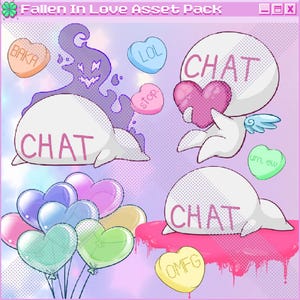 以下が含まれることがあります： 様々なポーズをとった「CHAT」と書かれた白い漫画キャラクターをフィーチャーしたデジタルイラストアセットパック。キャラクターはハート、テキスト入りのキャンディーハート、紫色の幽霊に囲まれています。キャンディーハートのテキストには、「BAKA」、「LOL」、「STOP」、「OMFG」、「um, ew」が含まれています。