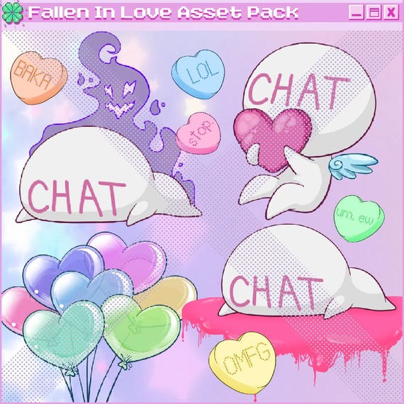 Stream Chat Fallen in Love - Avatar Assets PNG Bundle for Twitch or Discord Gaming Stream Candy Hearts Throwables Overlay Cute Valentines