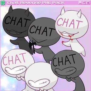 May include: A digital illustration featuring six cartoon figures with the word "CHAT" on their heads. The figures are in various colors, including black and white, with devil horns and menacing expressions. The background is a light pink color.