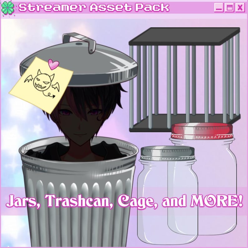 Puede incluir: Una ilustraci&oacute;n digital de un paquete de recursos para streamer que incluye una papelera con una cabeza de persona dentro, una jaula y dos frascos de vidrio con tapas rojas. El texto "Jars, Trashcan, Cage, and MORE!" est&aacute; en la parte inferior de la imagen.