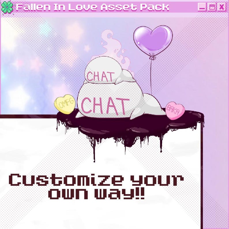 May include: A digital illustration of a white ghost with the word "CHAT" written on it. The ghost is surrounded by hearts and a purple balloon. The text "Customize your own way!" is at the bottom of the image.
