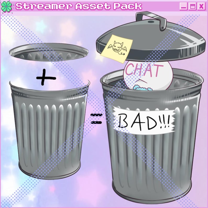 Puede incluir: Una ilustraci&oacute;n de dibujos animados de un cubo de basura con tapa. La tapa est&aacute; abierta y una esfera blanca con la palabra "CHAT" escrita en ella est&aacute; dentro del cubo de basura. Una nota adhesiva con un diablo de dibujos animados en ella est&aacute; en la tapa. El cubo de basura tiene una etiqueta que dice "BAD!!" en ella.