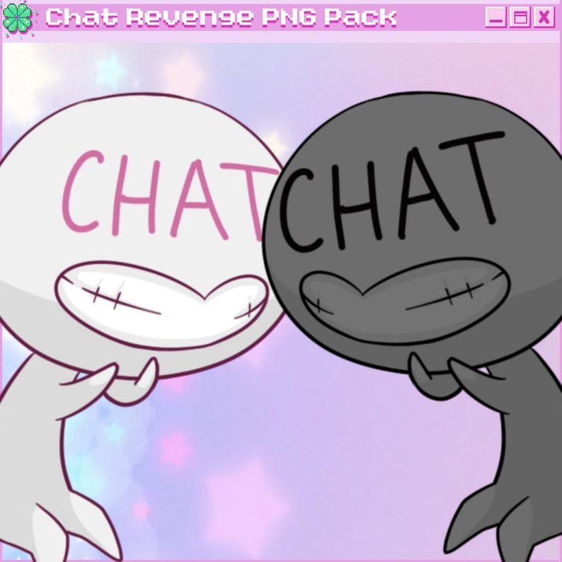 May include: Illustration of two cartoon characters with the word "CHAT" on their heads. One character is white with pink text, the other is gray with black text. They are smiling with stitched mouths, set against a pastel sky background.
