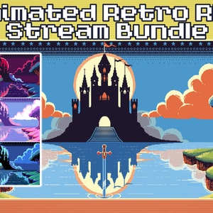 Puede incluir: Paquete de transmisión de RPG retro animado con un castillo, una luna y una espada pixelados en un paisaje azul, naranja y verde.