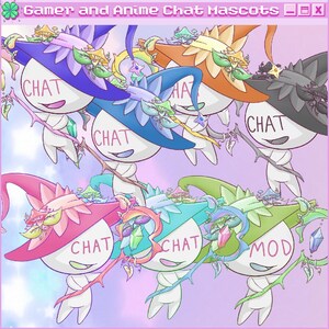 K&ouml;nnte beinhalten: Eine digitale Illustration mit Cartoon-Charakteren mit wei&szlig;en K&ouml;rpern, die bunte H&uuml;te tragen und Zauberst&auml;be halten. Die H&uuml;te sind in verschiedenen Farben gehalten, darunter Lila, Blau, Orange und Rosa. Jeder Charakter hat das Wort "CHAT" oder "MOD" auf seinem K&ouml;rper. Der Text "Gamer and Anime Chat Mascots" steht oben.