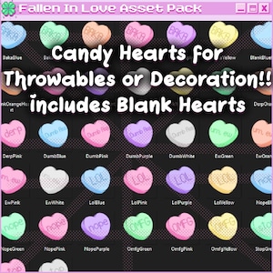 May include: A set of 25 candy heart graphics with various phrases, including "Baka", "Derp", "Dumb Ass", "Ew", "Lol", "Nope", and "OMFG". The hearts are pink, blue, green, yellow, and white. The graphics are perfect for use in digital projects or as printable stickers.