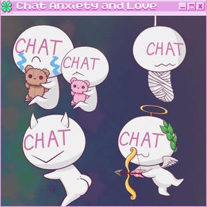 Könnte beinhalten: Vier weiße Comicfiguren mit dem Wort "CHAT" auf ihren Gesichtern. Die Figuren sind in verschiedenen Posen, darunter das Halten von Teddybären, das Einwickeln in Bandagen und das Halten von Pfeil und Bogen. Der Hintergrund ist dunkelviolett mit Sternen.