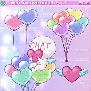 May include: A digital illustration of a white character with wings holding a pink heart. The character is surrounded by a cluster of pastel heart-shaped balloons. The character has the word "CHAT" written on its head.