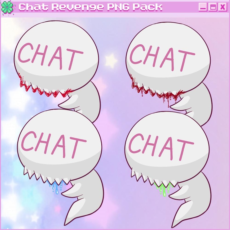 May include: A digital art pack featuring four cartoon-style speech bubbles with the word "CHAT" in pink. Each bubble has a unique dripping effect in red, blue, and green. The background is a soft pink with stars.