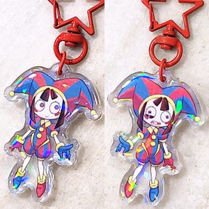 SMALL Size Pomni Double Sided Keychain - 2" Amazing Digital Circus - Rainbow Holographic Broken Glass Finish with Red Star Clasp Hook