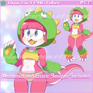 May include: A cartoon illustration of a pink dinosaur girl wearing a green dinosaur costume. The girl has pink hair, blue eyes, and a yellow tongue. The costume has green spikes and a green hood. The image includes the text "Dino Girl PNGTuber".