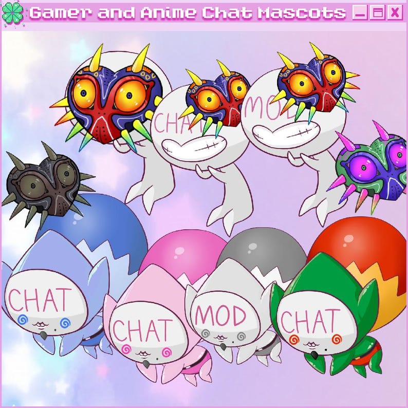 K&ouml;nnte beinhalten: Eine digitale Illustration mit Anime-Charakteren. Das Bild zeigt Charaktere mit eif&ouml;rmigen K&ouml;rpern, einige mit dem Text "CHAT" und "MOD". Die Farbpalette umfasst Blau, Rosa, Gr&uuml;n und Rot.