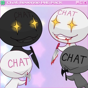 May include: A digital illustration featuring four cartoon figures with the word "CHAT" on their heads. Two figures are black, two are white, and all are holding weapons. The image has a pink and purple background.