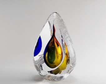 Glass Sculpture Home Decor - Handmade Blown Glass - Blue and Yellow Mix