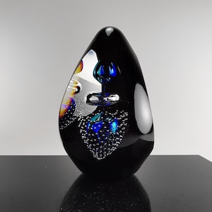 Handmade Blown Glass Sculpture: Black Drop with Blue Bubbles (5.11&quot; Height)