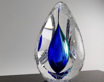 Blue Glass Drop Sculpture - Handmade Blown Glass Art - Collectible