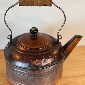 Rustic Copper Tea Kettle w/ Wood Handle - Antique Ceramic Knob Finial - Rich Patina - Old World Decor