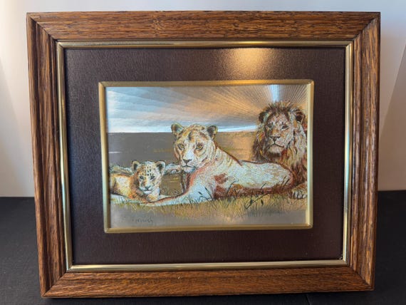 Vintage Foil Art Big Cat Family - Lion, Lioness & Cub - Leather