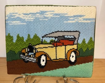 Vintage Cross-Stitch of a Model T Ford - Old Car Needlepoint - Antique Throw-Back Wall Art - Classic Cars