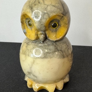 Vintage Alabaster Owl - Hard Carved - Neutral Tone Stone Owl