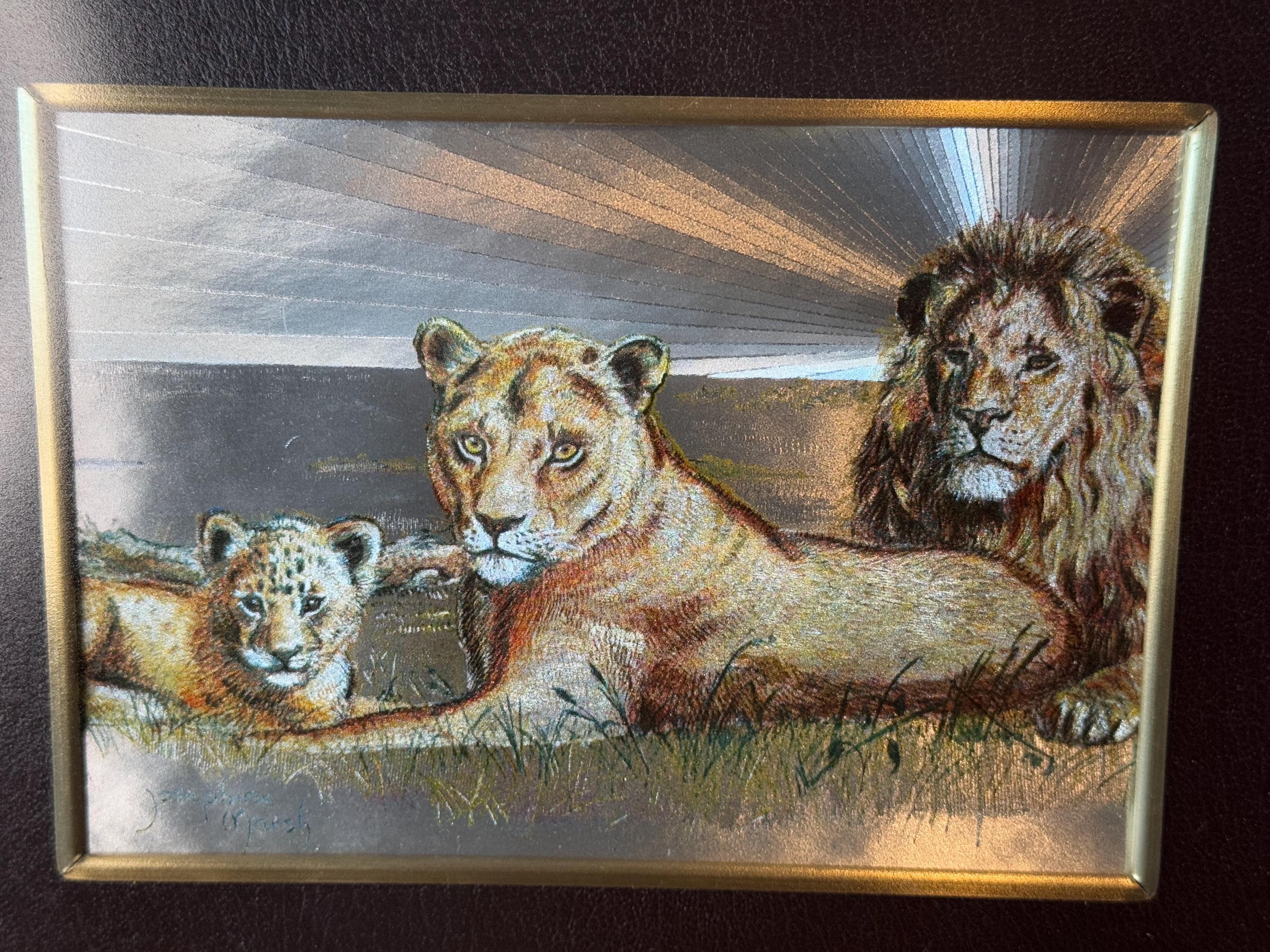 Vintage Foil Art Big Cat Family - Lion, Lioness & Cub - Leather