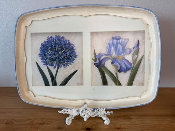 イタリアの手描き花柄トレイ - Sezzatini Firenze - ブルーアイリスと
