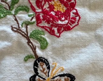 Vintage Hand Embroidered Butterfly & Floral Table Runner - Sweet Cottagecore Decor