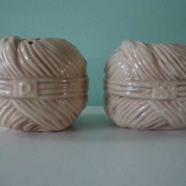 RESERVED Balls of Yarn salt and pepper shakers, almond off white, with rubber stoppers