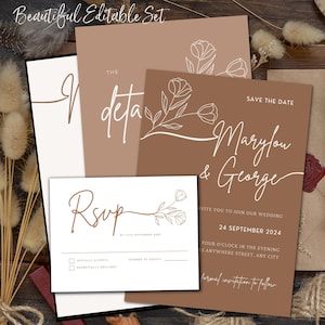 Boho Pampas Wedding Invitation Set, Printable Arch Wedding Invitation Template, Terracotta, Rust, Editable Invitation, Floral Modern Set