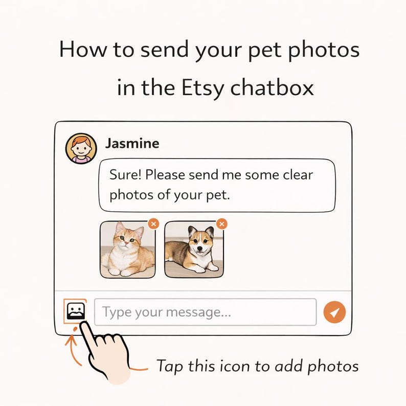 Pode incluir: Ilustra&ccedil;&atilde;o de uma caixa de bate-papo do Etsy com o texto "Como enviar fotos do seu animal de estima&ccedil;&atilde;o na caixa de bate-papo do Etsy". O bate-papo inclui uma mensagem de "Jasmine" e duas fotos de animais de estima&ccedil;&atilde;o. Um dedo aponta para o &iacute;cone da foto.