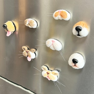May include: A set of eight felt animal nose magnets, each with a different animal face. The magnets are attached to a silver refrigerator.