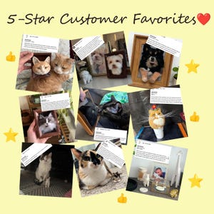 Pode incluir: Uma colagem de avalia&ccedil;&otilde;es de clientes com imagens de retratos de animais de estima&ccedil;&atilde;o personalizados. Os retratos s&atilde;o de gatos e c&atilde;es, alguns emoldurados, outros expostos com outros itens decorativos. O texto "5-Star Customer Favorites" est&aacute; no topo.
