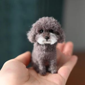 May include: A miniature gray poodle figurine with a fluffy, textured coat and a white muzzle. The small dog is sitting upright, with dark eyes and a focused expression. The handmade pet is a charming collectible.
