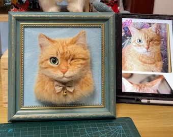 3D Custom Needle Felted Cat Portrait, Wool Dog /Cat Memorial Frame, Pet Loss Gift